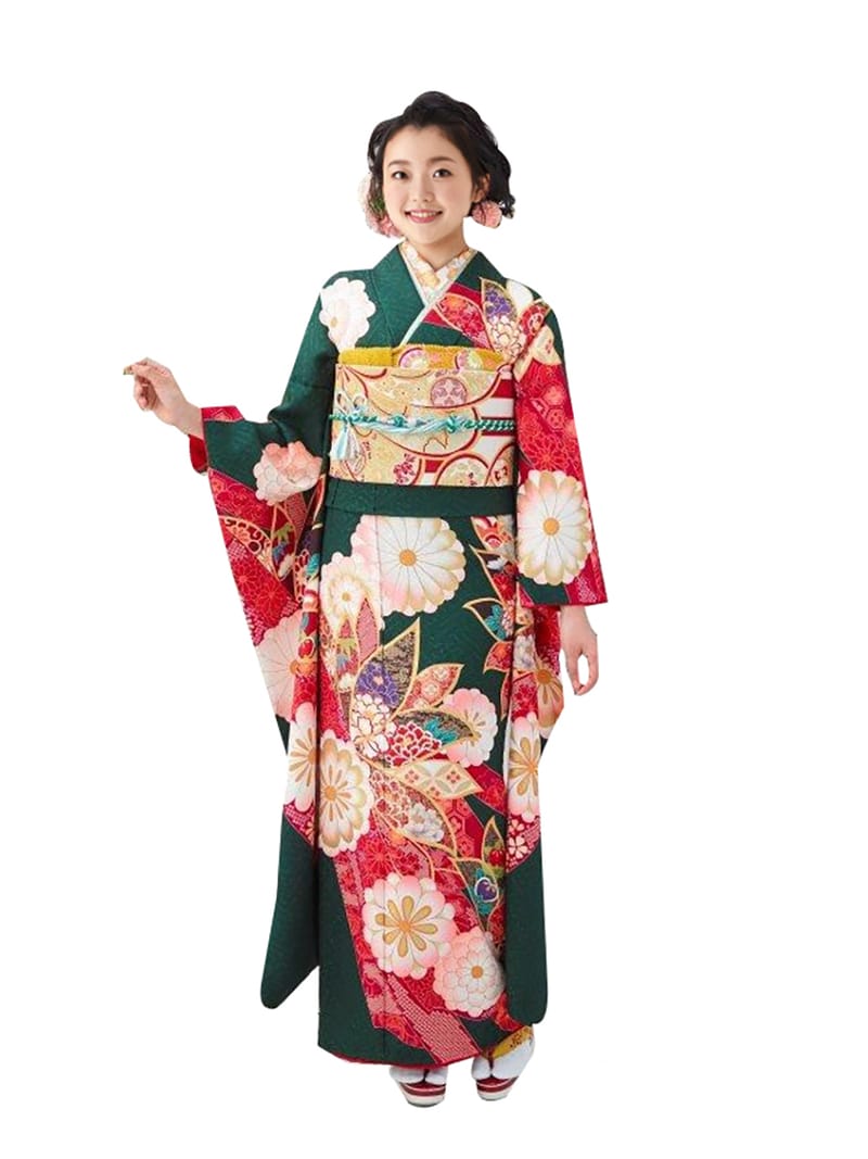 深緑地に赤と白の花の振袖